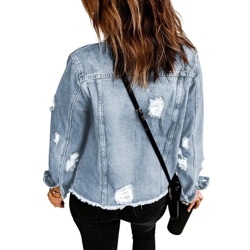 Women's Jean Jackets Casual Non Stretch Boyfriend Washed Coats Distressed Ripped Lapel Long Sleeve Denim Outwear Tops 2025 Womenswear Fall Winter Outfits Fitted Basic