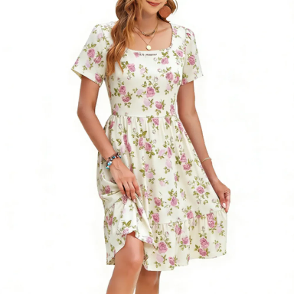 Women Square Neck Ditsy Floral Dress, Ruffle Empire Waist A-Line Sundress With Pockets