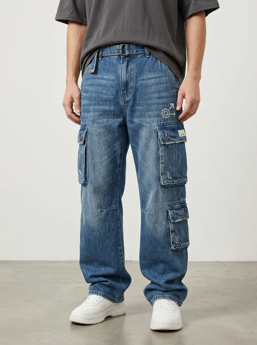 Men's Blue Washed Embroidered Detail D-Ring Straight-Leg Denim Cargo Pants