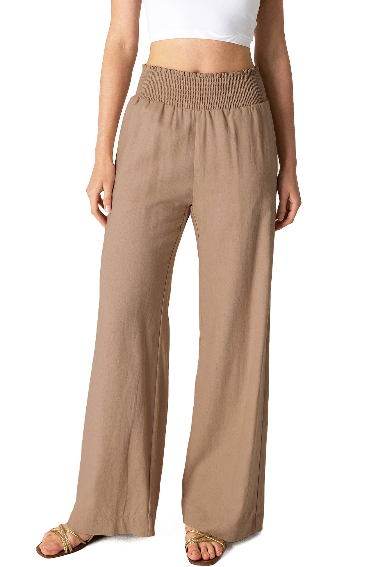 Tan Smocked - Waist Palazzo Pants