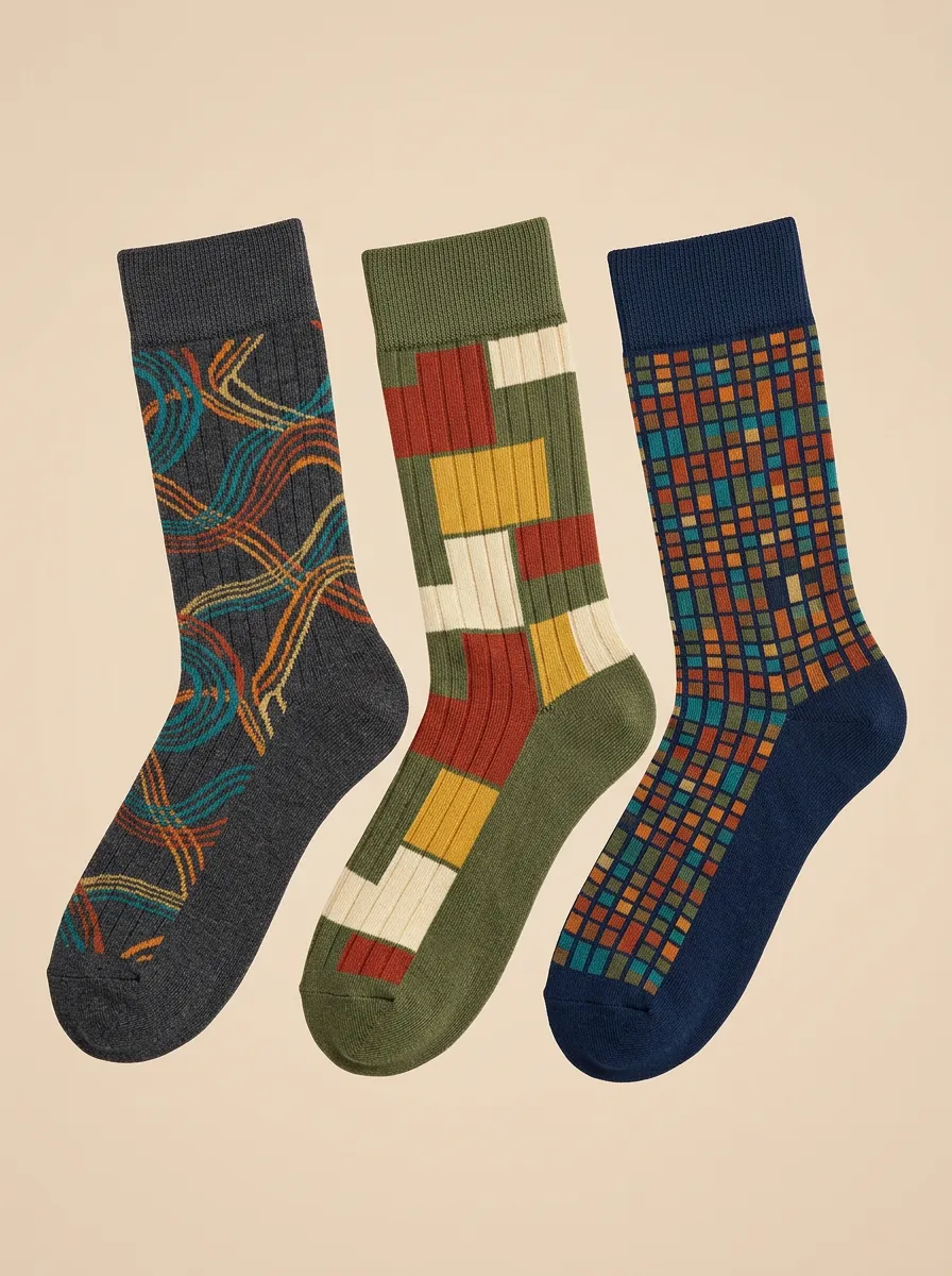 Men's Geometric Abstract Pattern Print Set Pairs Featuring Unique 3-Pack Socks