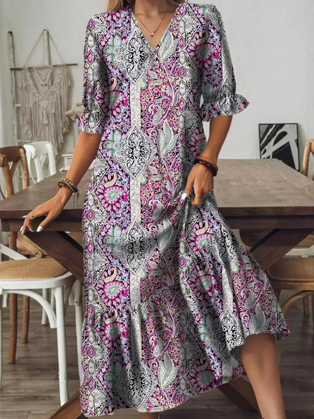 Paisley Print V Neck Midi Dress