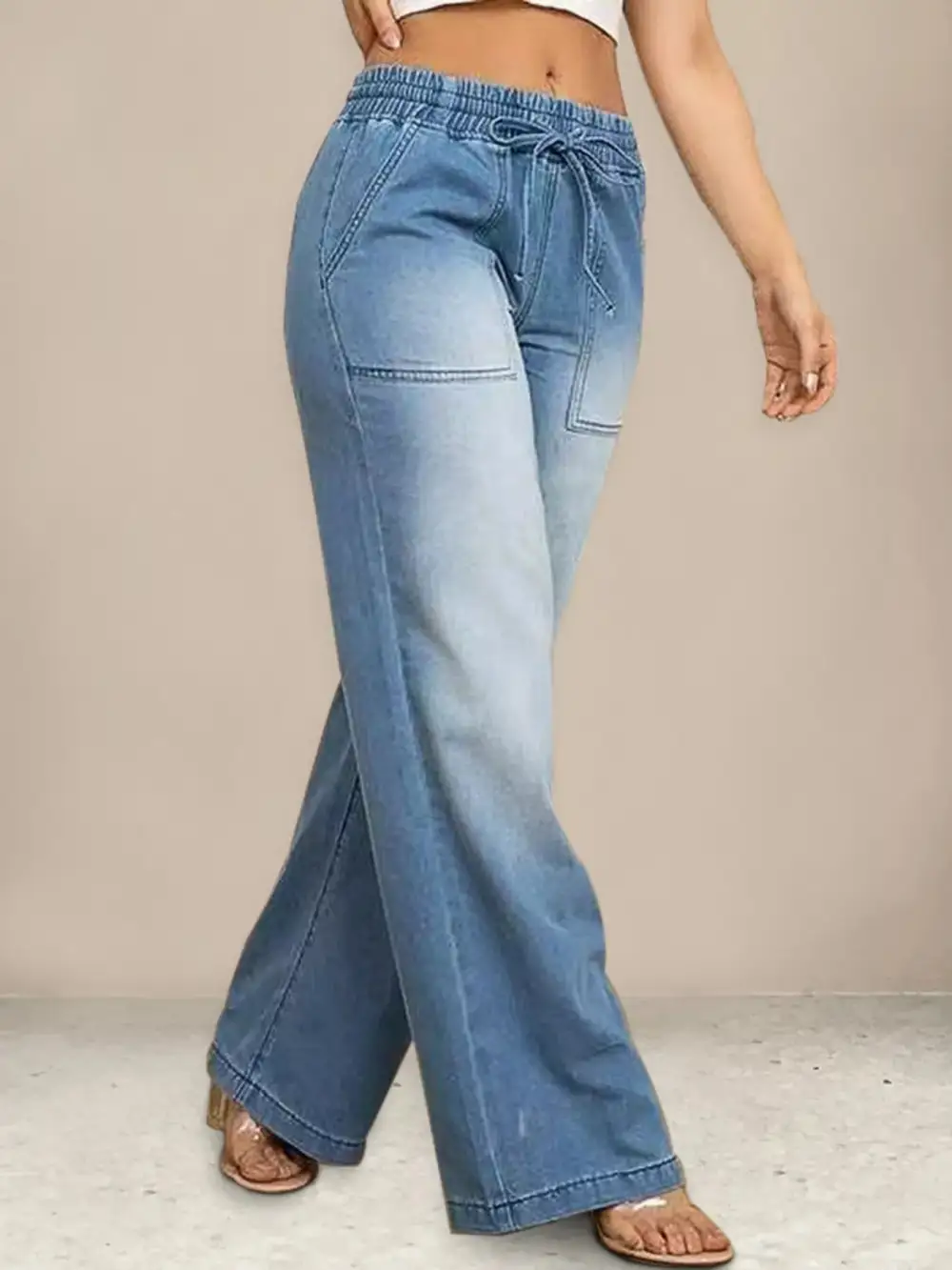 Wide Leg Drawstring Denim Jeans
