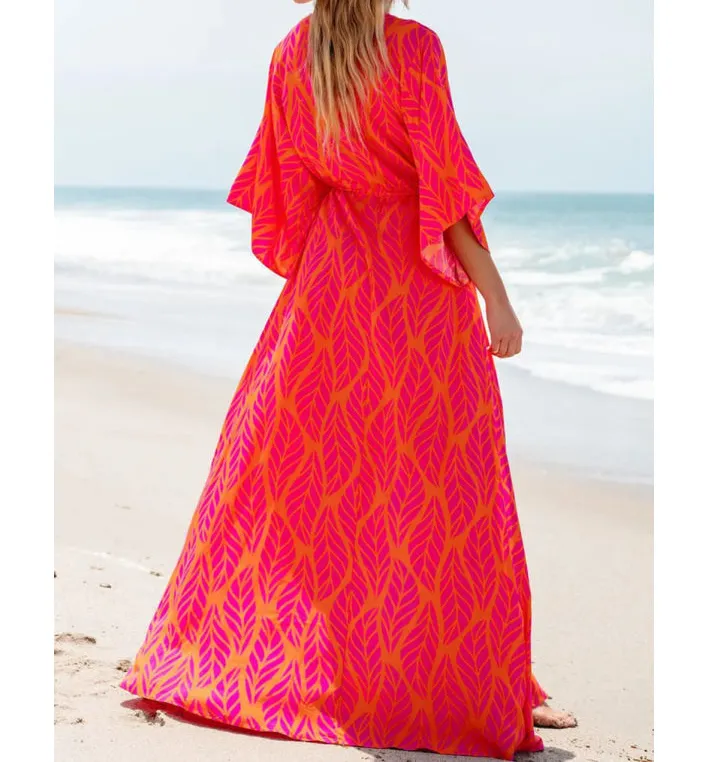 Drawstring Printed V Neck Maxi Dress