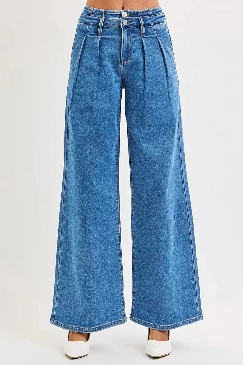 Mid Rise Pleated Wide Leg Jeans