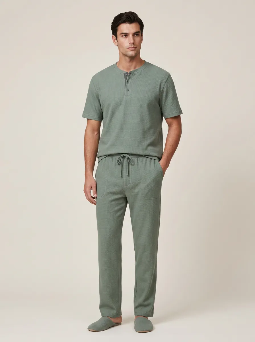 Men's Straight Leg Sage Green Waffle Knit Henley Lounge Set