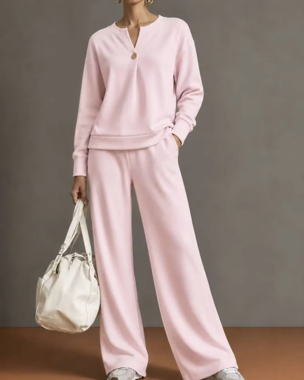 V-Neck One-Button Sweatshirt Set