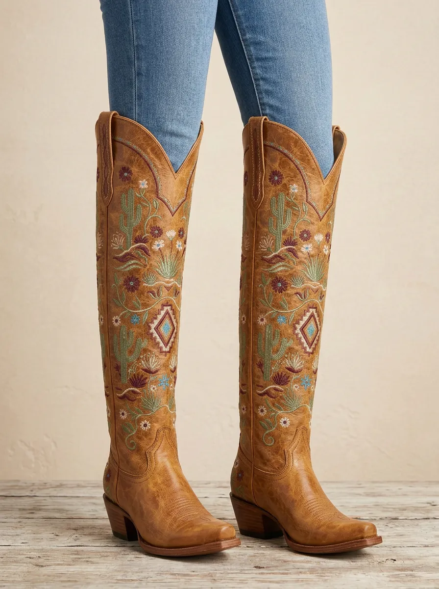 Women's Western Cactus Floral Embroidered Pointed-Toe Denim Over-the-Knee Boots