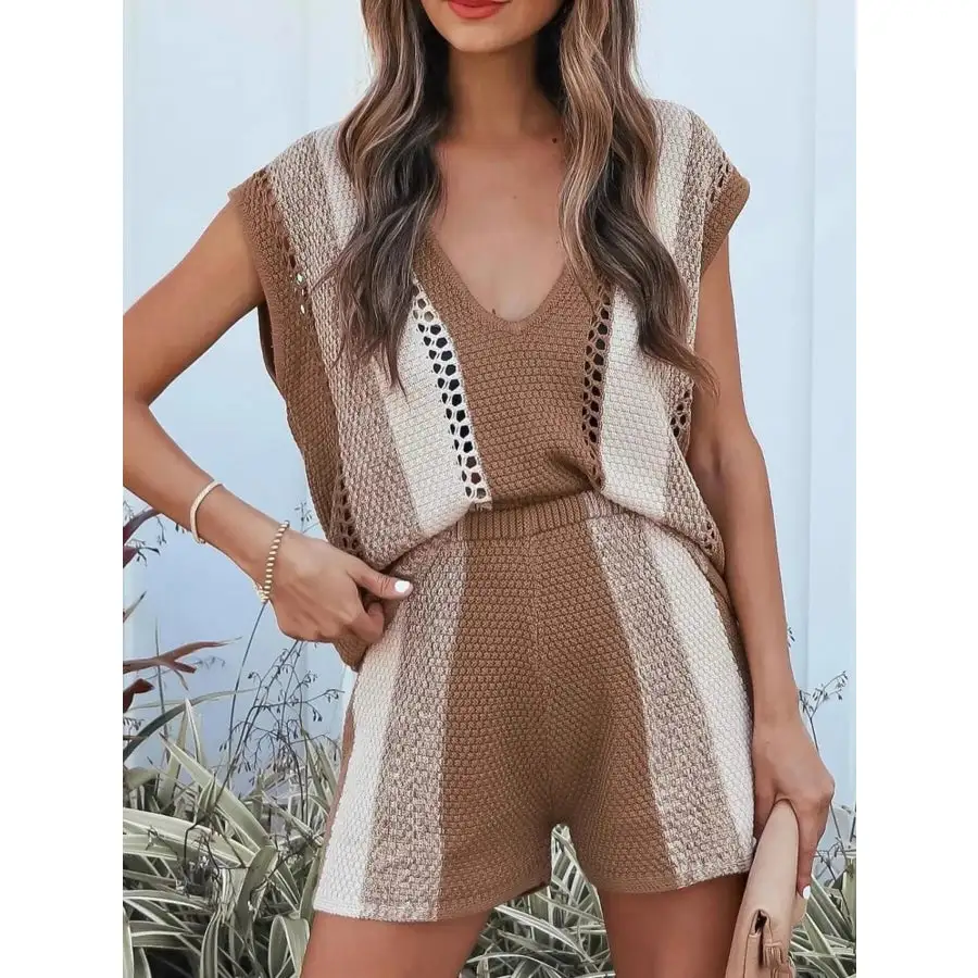 Openwork Block V Neck Top and Shorts Sweater Set