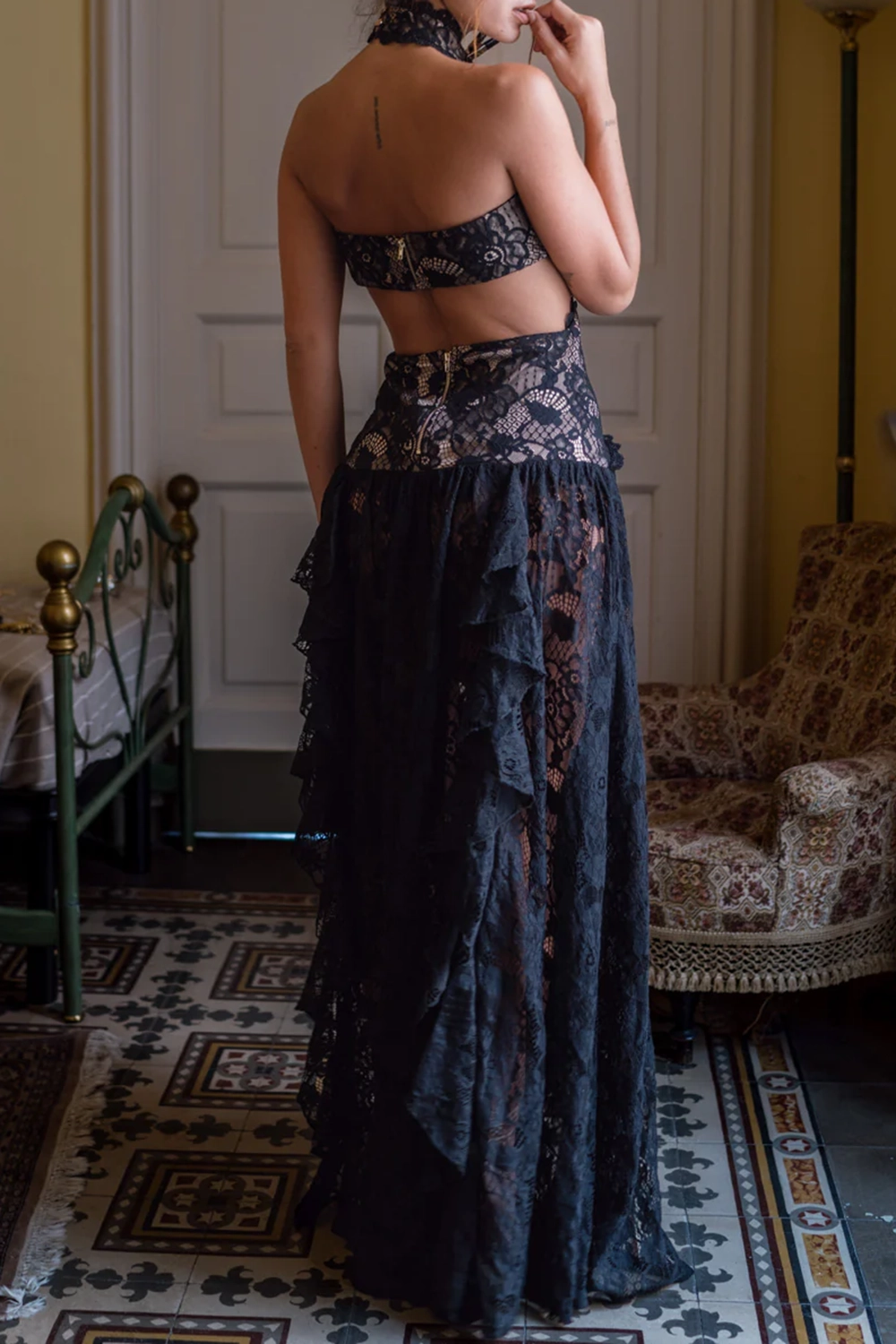 Black Lace Drop Waist Maxi Dress
