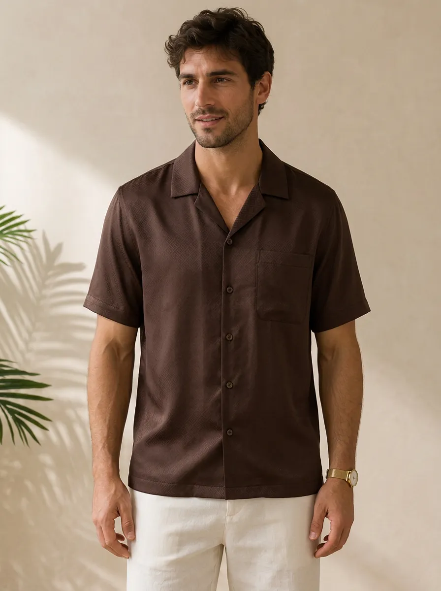 Men's Dark Brown Geometric Jacquard Camp Collar Shirt