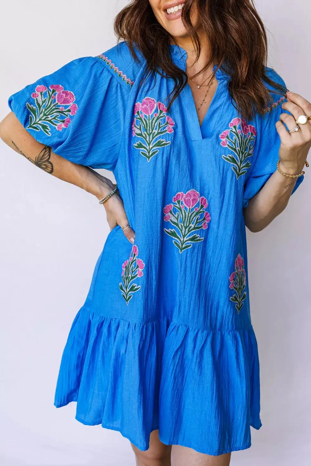 Floral Embroidered Split Neck Dress Casual