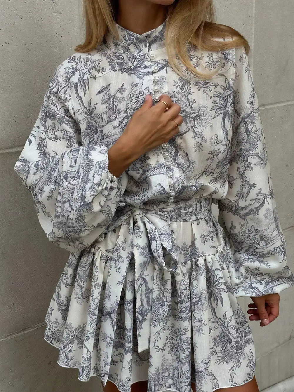Layered Detail Printed Tie Waist Dress