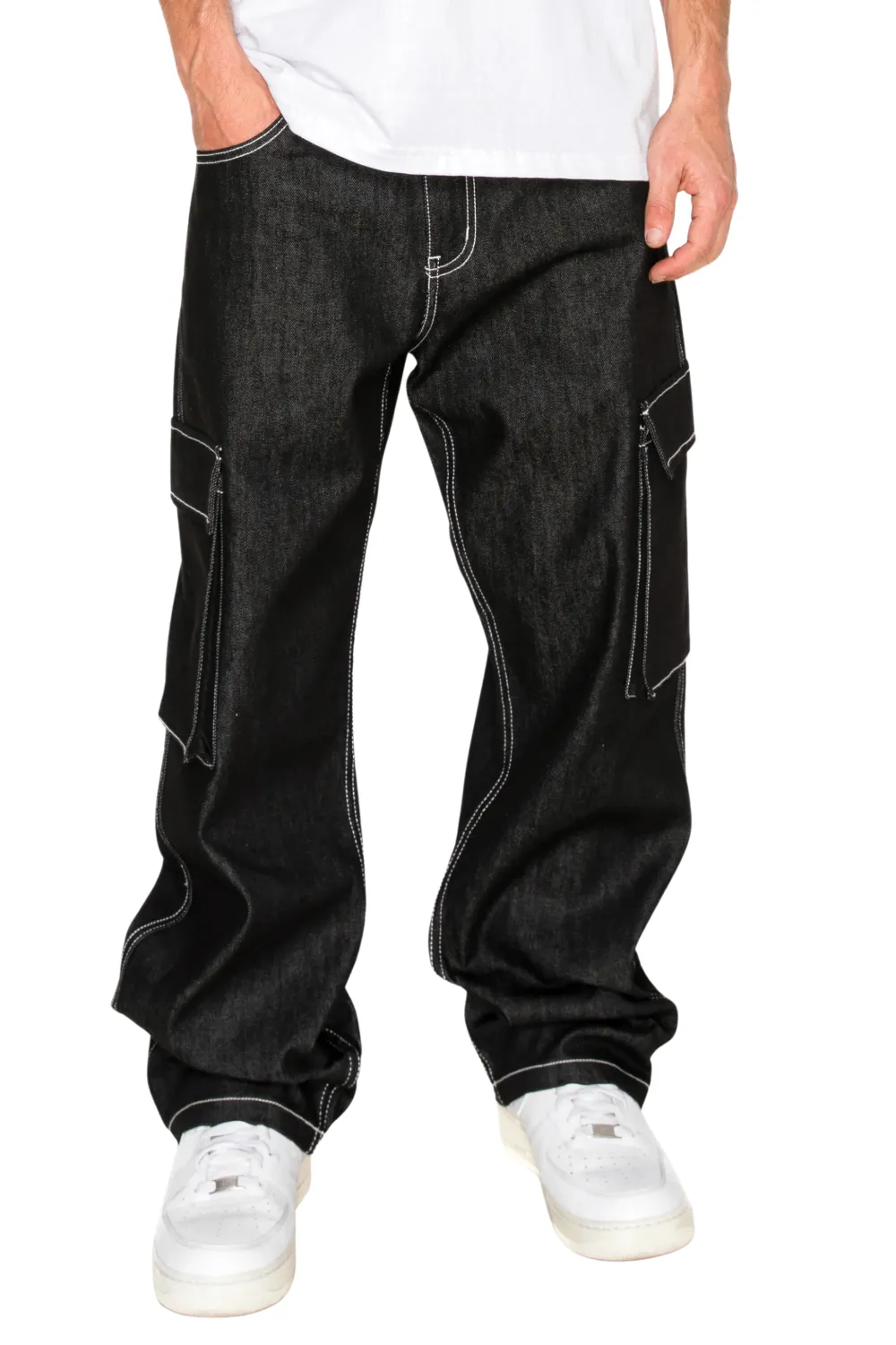Men's Baggy Fit Raw Denim Cargo Jeans