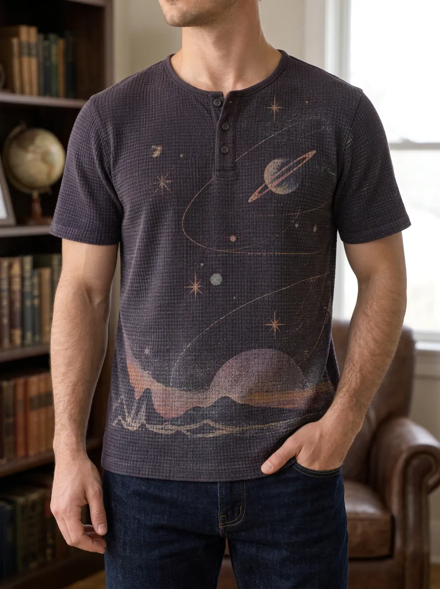 Men's Space Astronomy Planet Printed Waffle Henley Shirt
