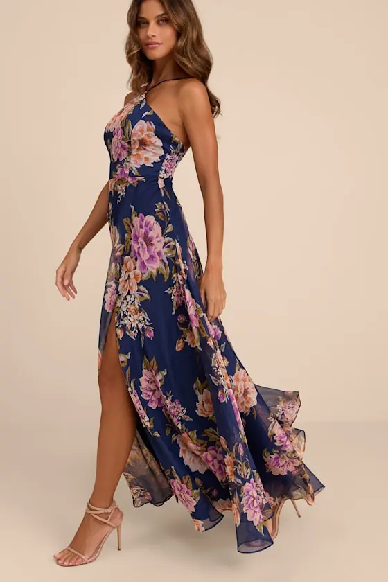 Romantic Marvel Navy Floral Print Halter Neck Maxi Dress
