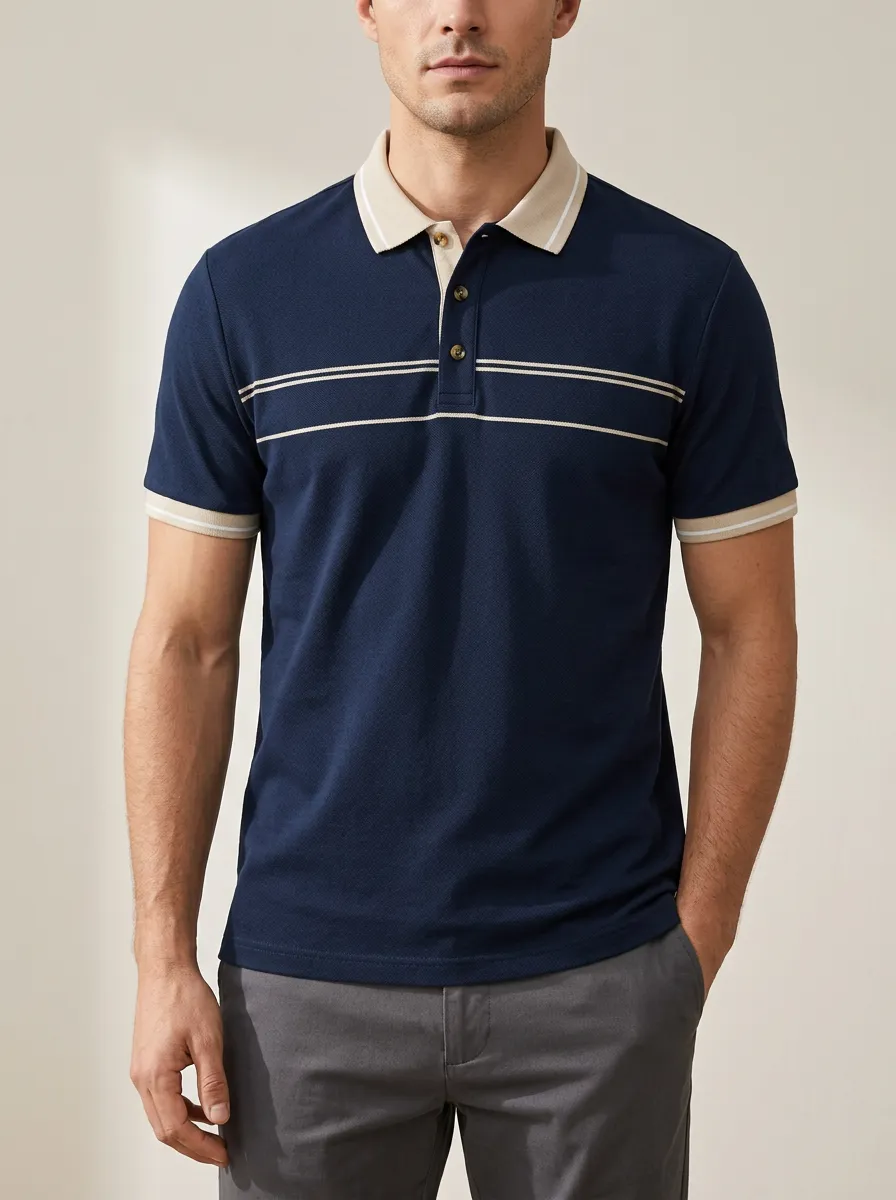 Men's Knit Ribbed Textured Striped Polo Shirt