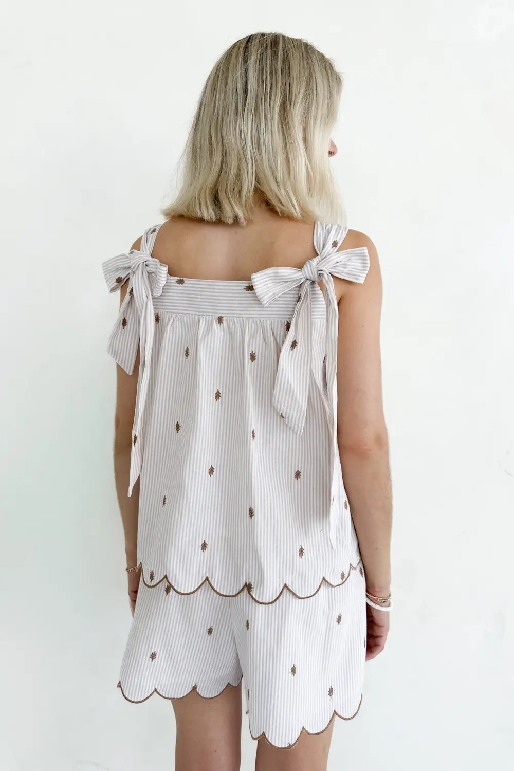 Striped Embroidered Scallop Trim Top