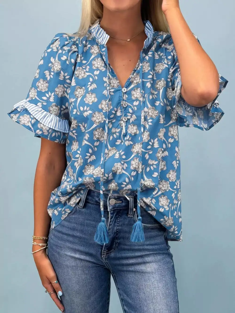 Relaxed Floral Print Ruffle Sleeve Blouse