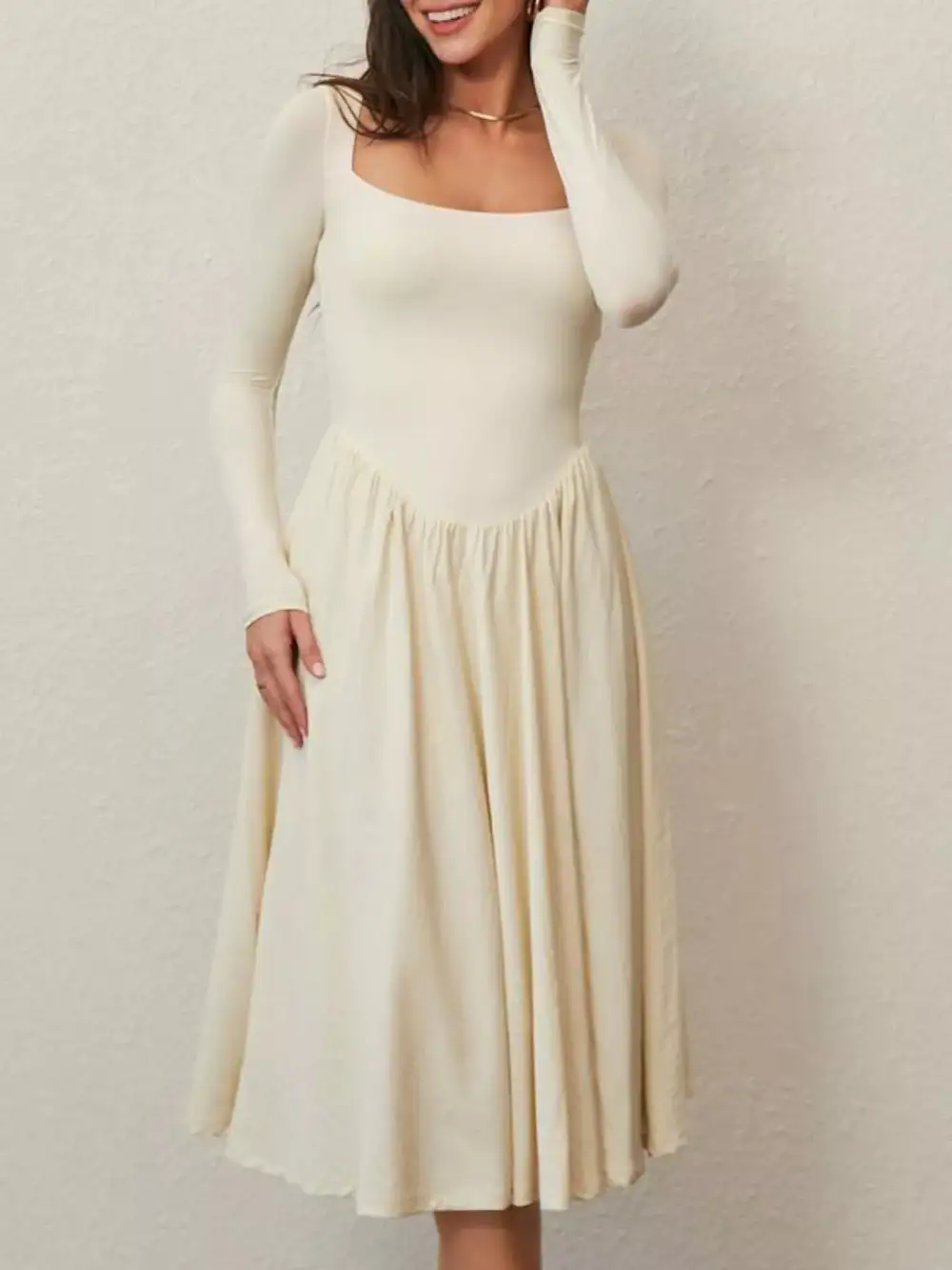 Square Neck Long Sleeve Midi Dress