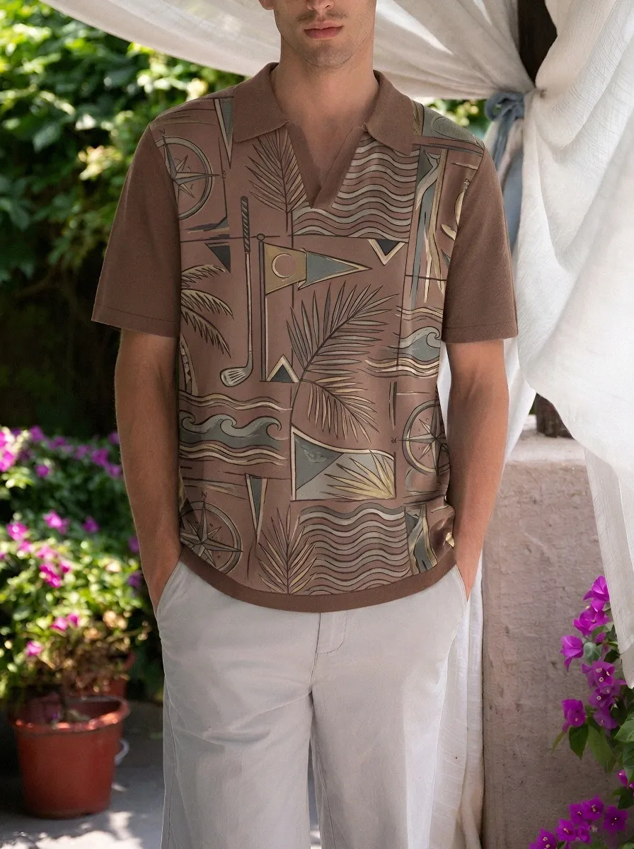 Men's Golf Tropical Palm Compass Printed Polo Shirt