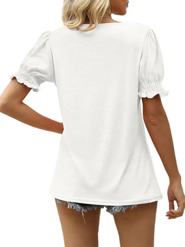 V-Neck Collared Short-Sleeve Puff-Sleeve T-Shirt