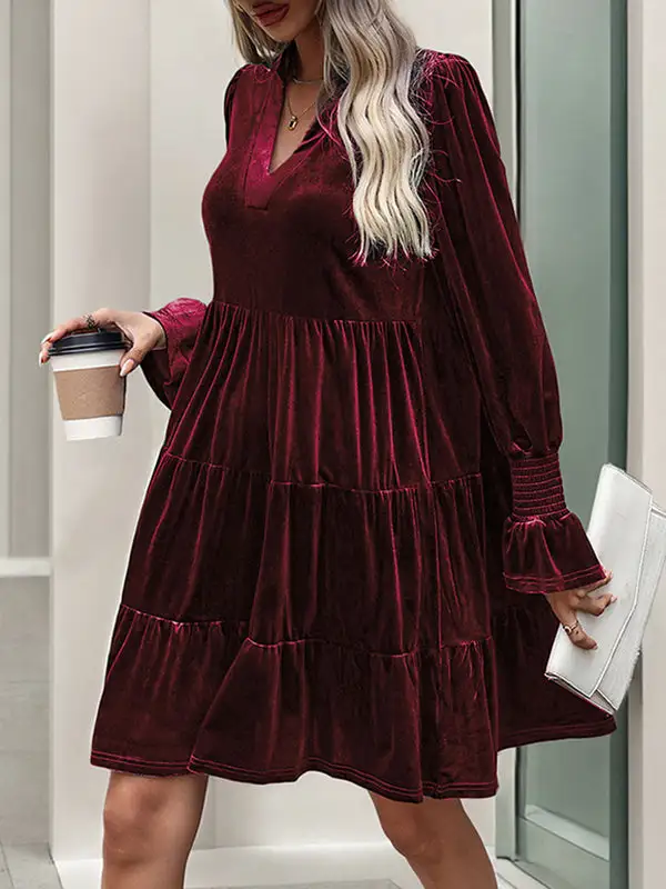 A Line Long Sleeve Pleated Solid Color Velvet V Neck Mini