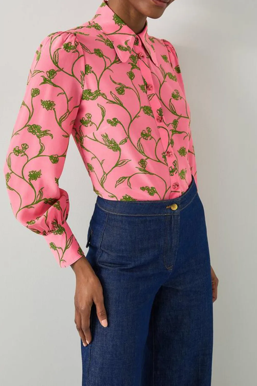 Pink Floral Print Long Sleeve Button Down Blouse