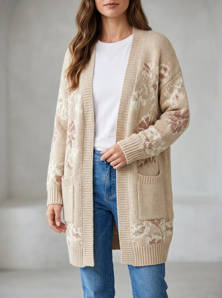 Women's Boho Floral Pattern Knit Long Cardigan