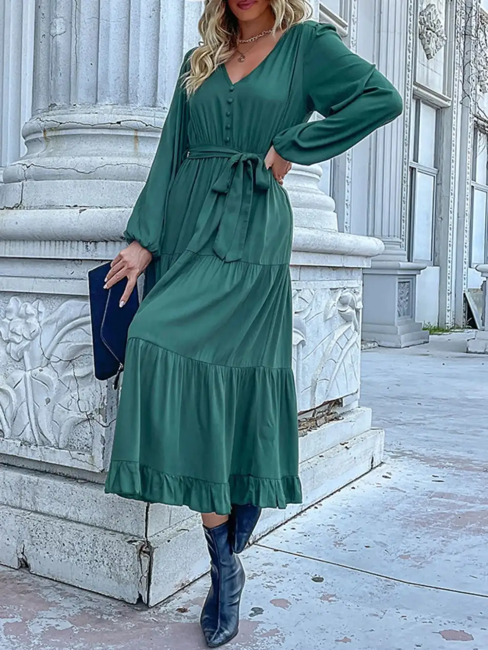 Smooth Finish V Neck Ruffle Dress