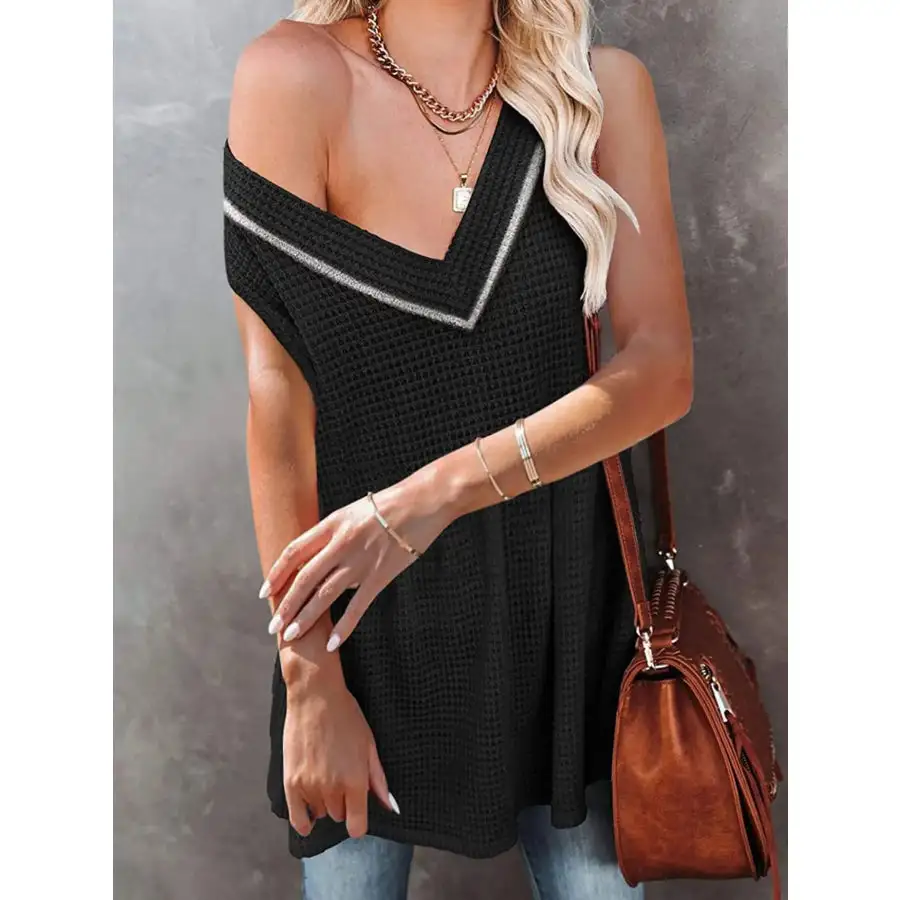 V Neck Waffle Knit Tank Top With