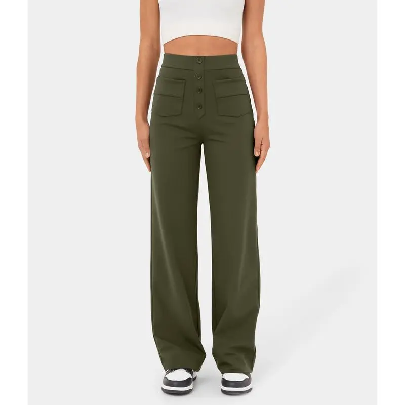 High Waisted Pockets Straight Leg Casual Pants