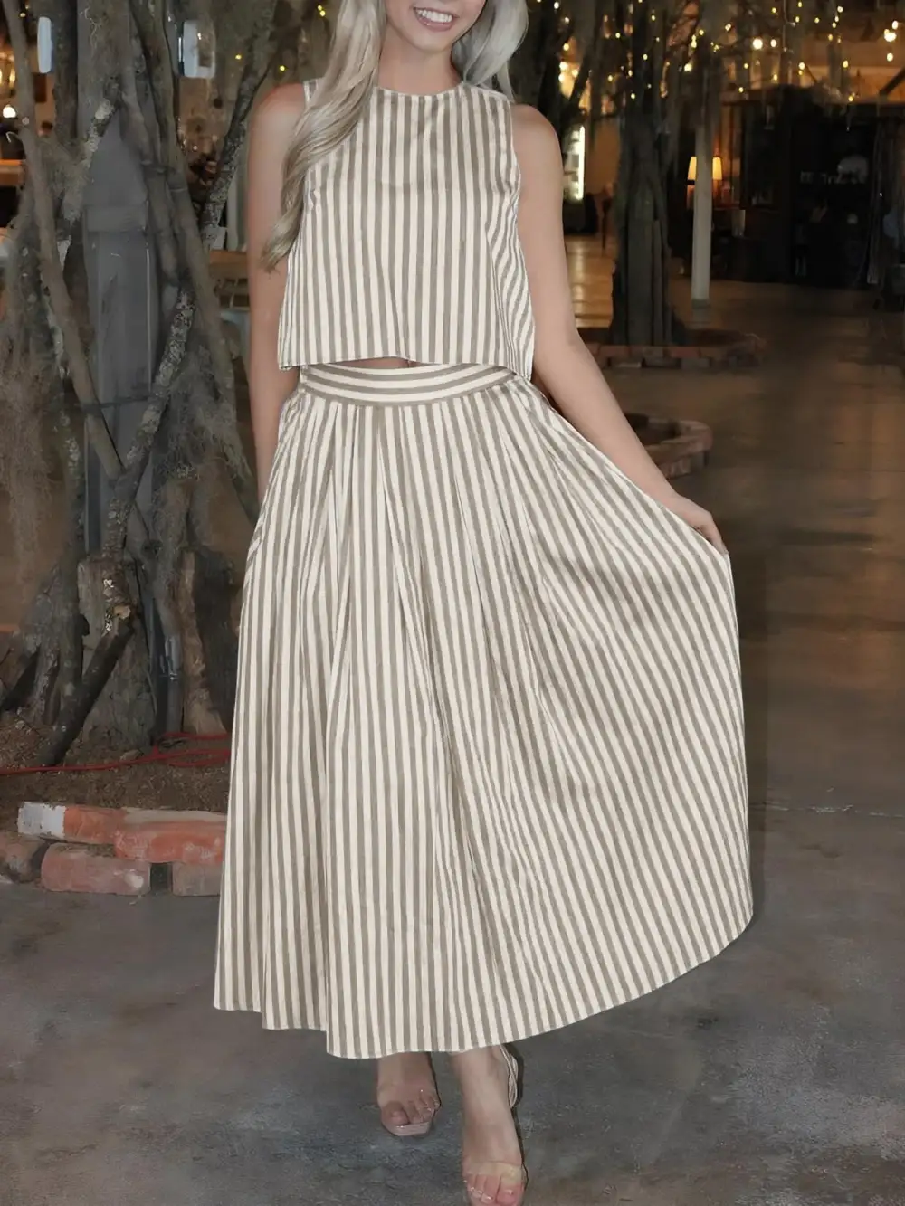 Natural Button Front Sleeveless Detail Coordinated Set