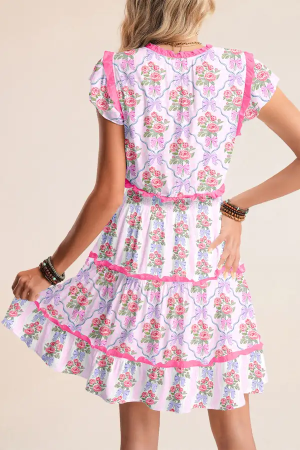 Gathered Detail Floral Ruffle Tiered Dress