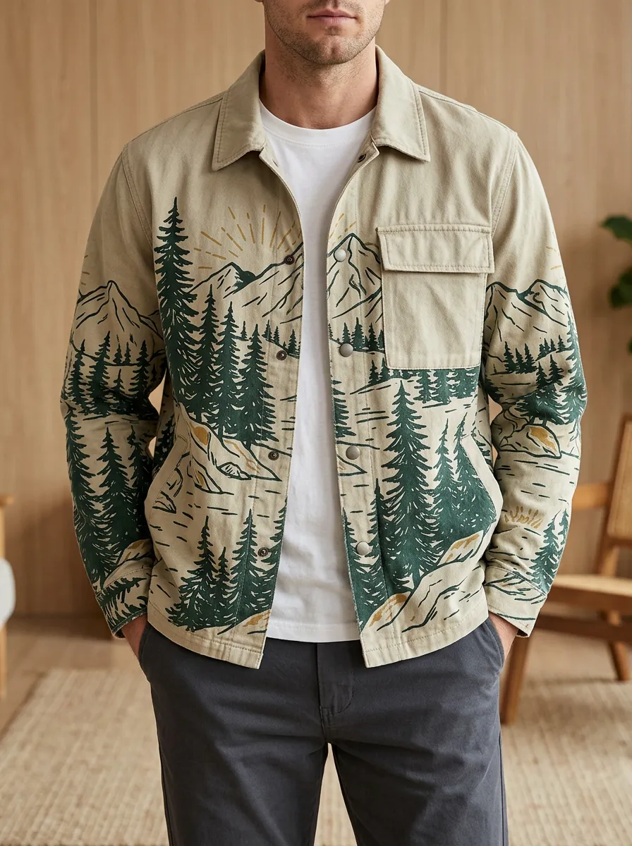 Men's Nature Mountain Forest Landscape Rugged Explorer Jacket