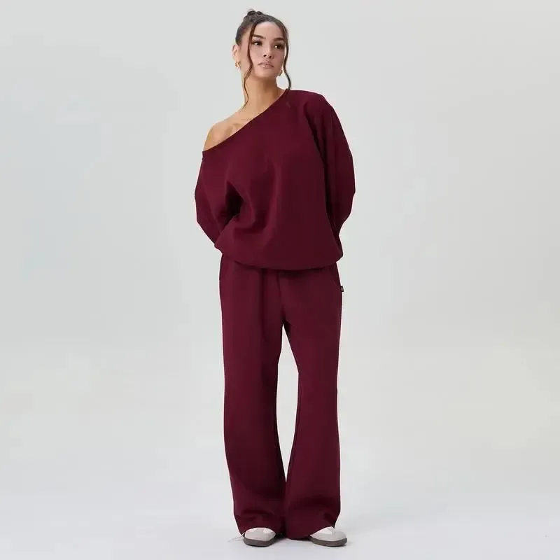 🔥Last Day 89% OFF🔥Women's Leisure Solid Color Sloping Shoulder Long Sleeve Top & Wide Leg Trousers Co-ord