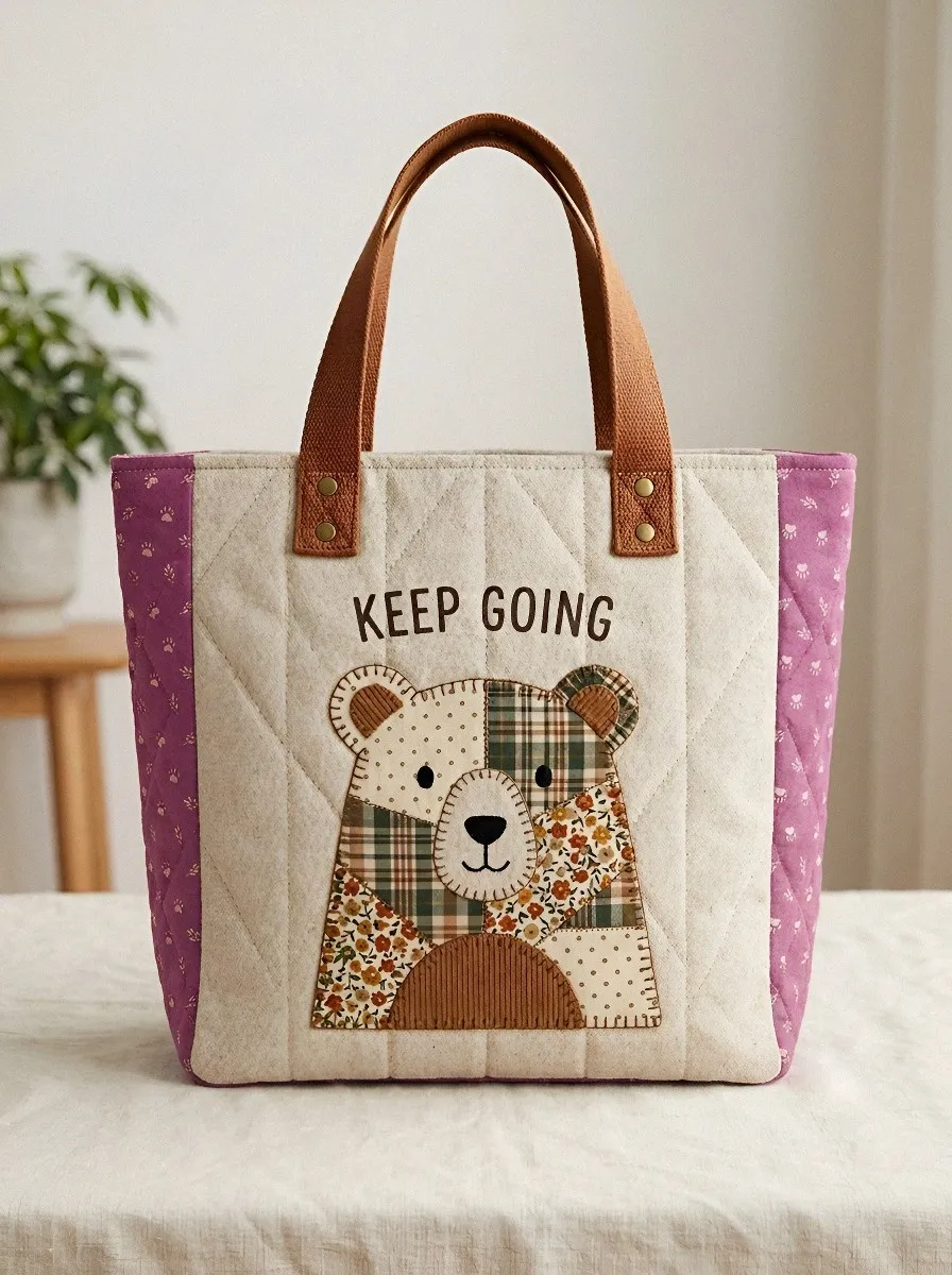 Bear Lover Keep Going Patchwork Quilted Tote Bag