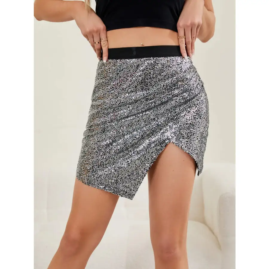 Asymmetrical Slit Sequin Skirt