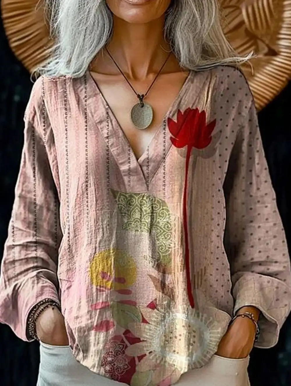 Printed V-Neck Long-Sleeved Pullover Shirt