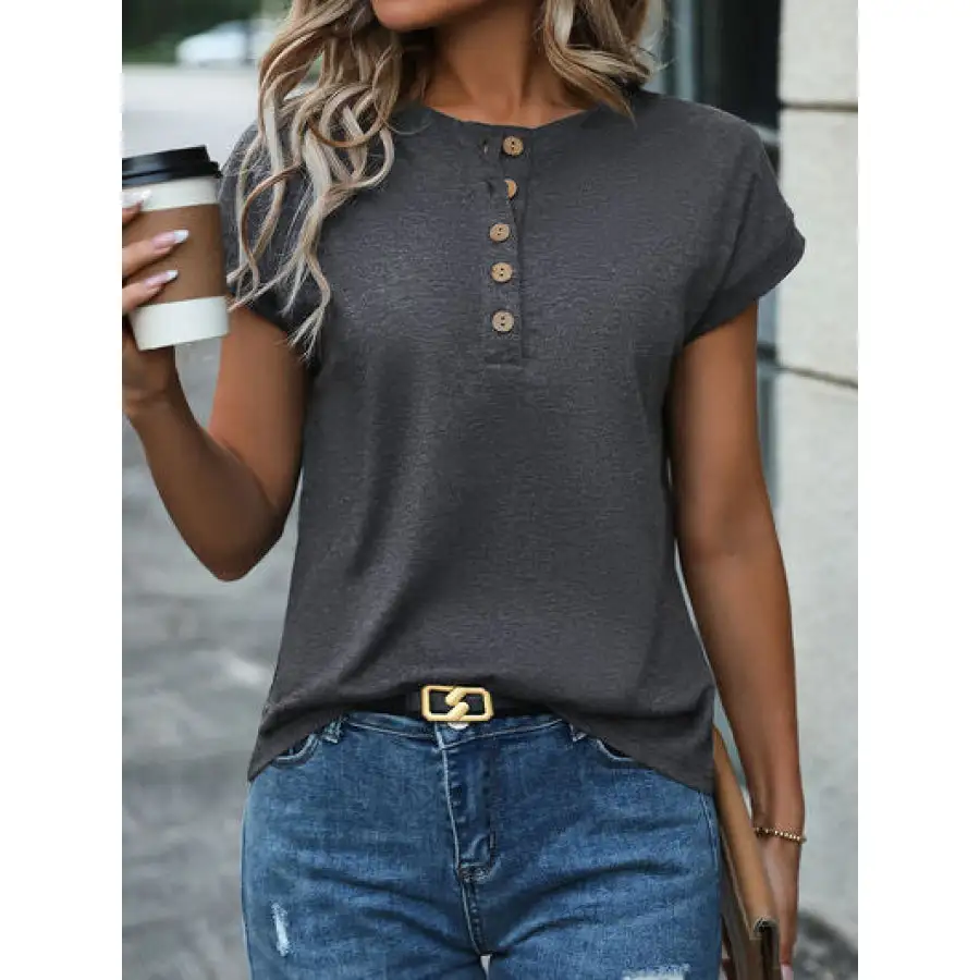 Textured Half Button Round Neck T-shirt