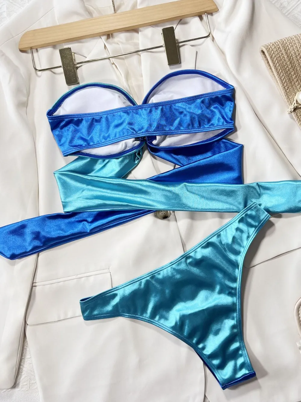 Two Tone Ring Detail Tied Bikini Swim Set