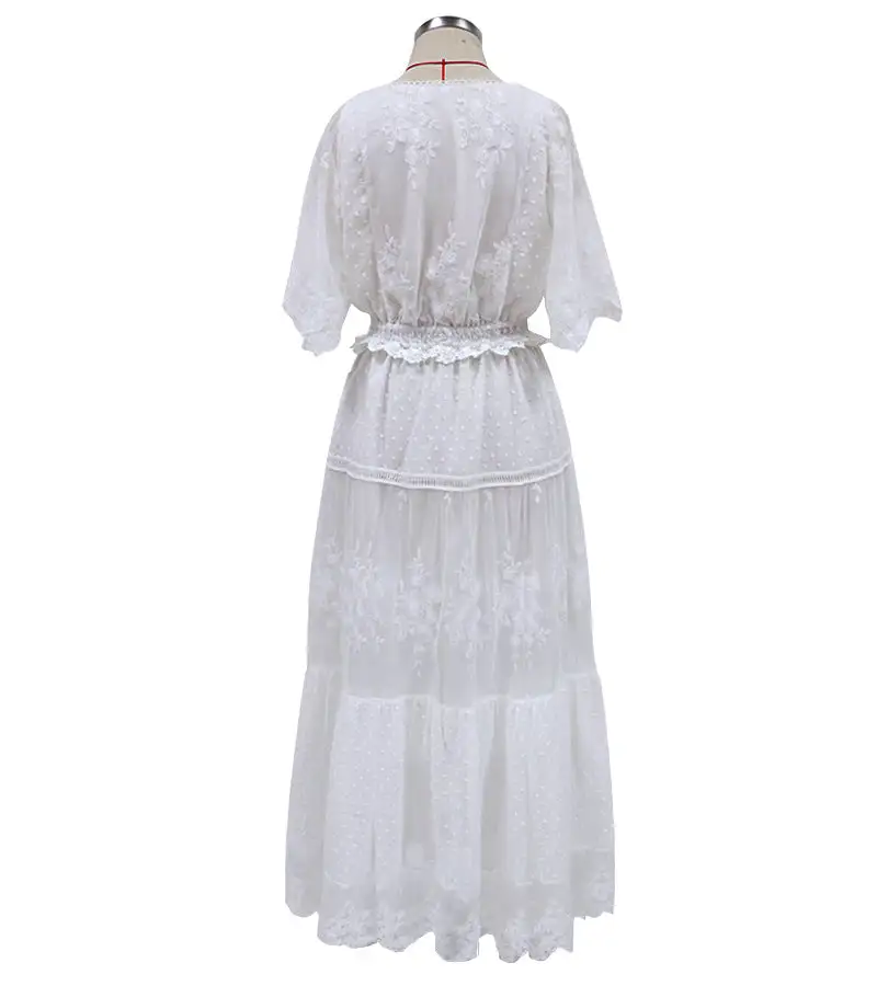 Boho White Solid Short Sleeve Lace Maxi Dress