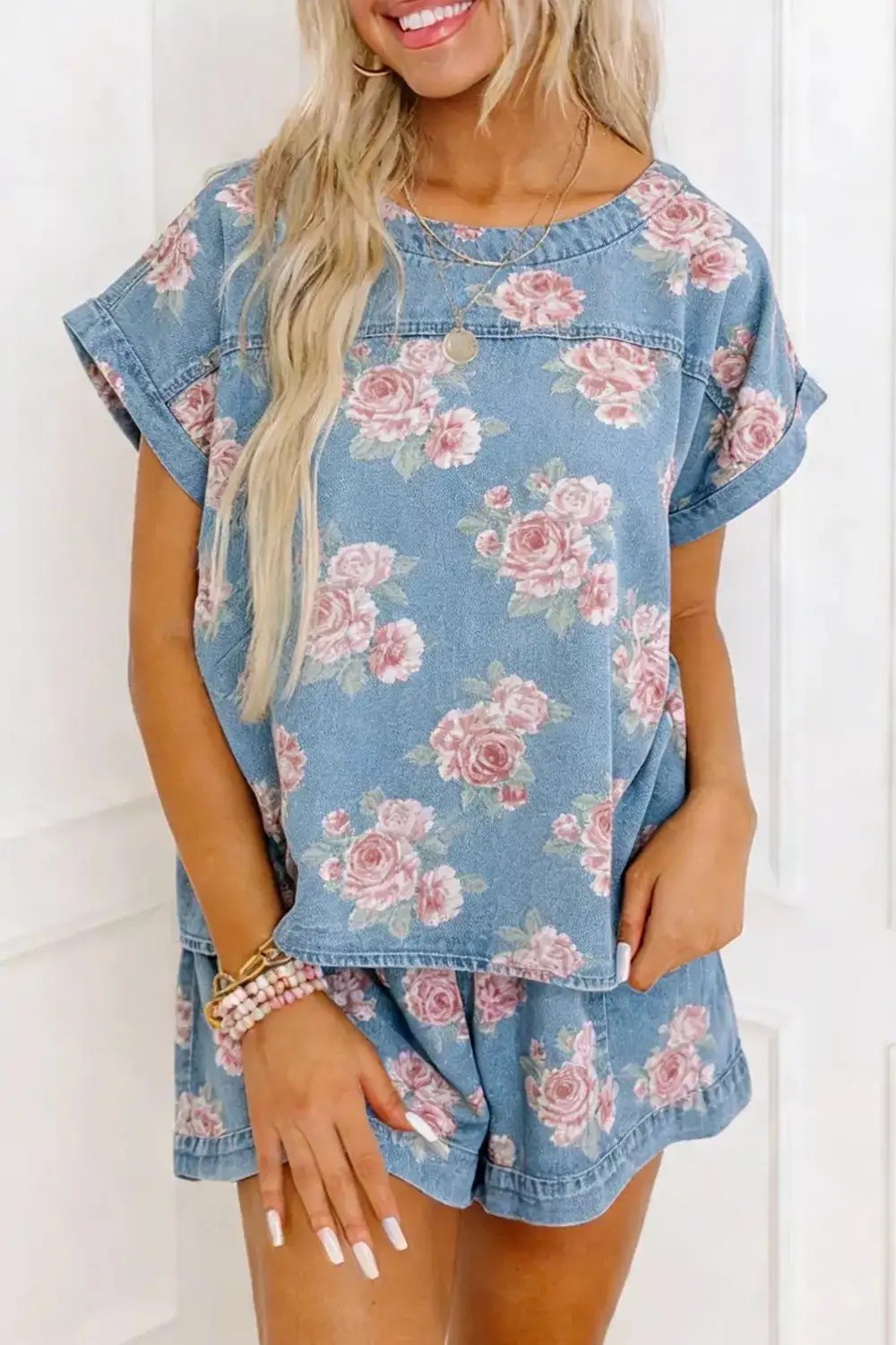 Denim Cotton Floral-Print Top and Shorts Matching Set