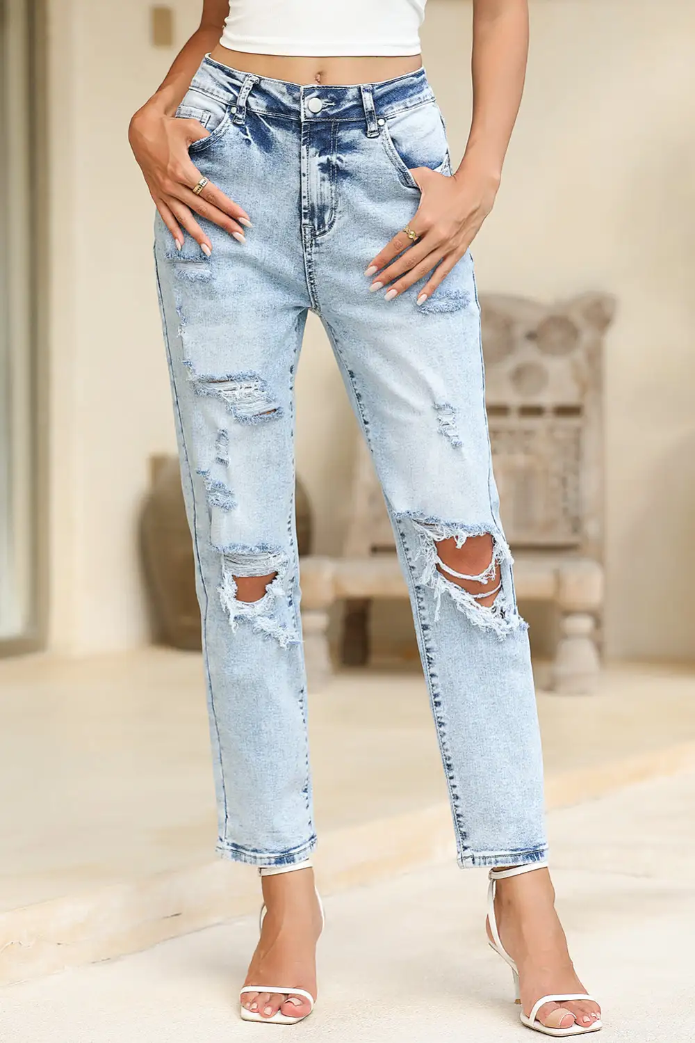 Frayed Slim Fit High Waist Denim Jeans