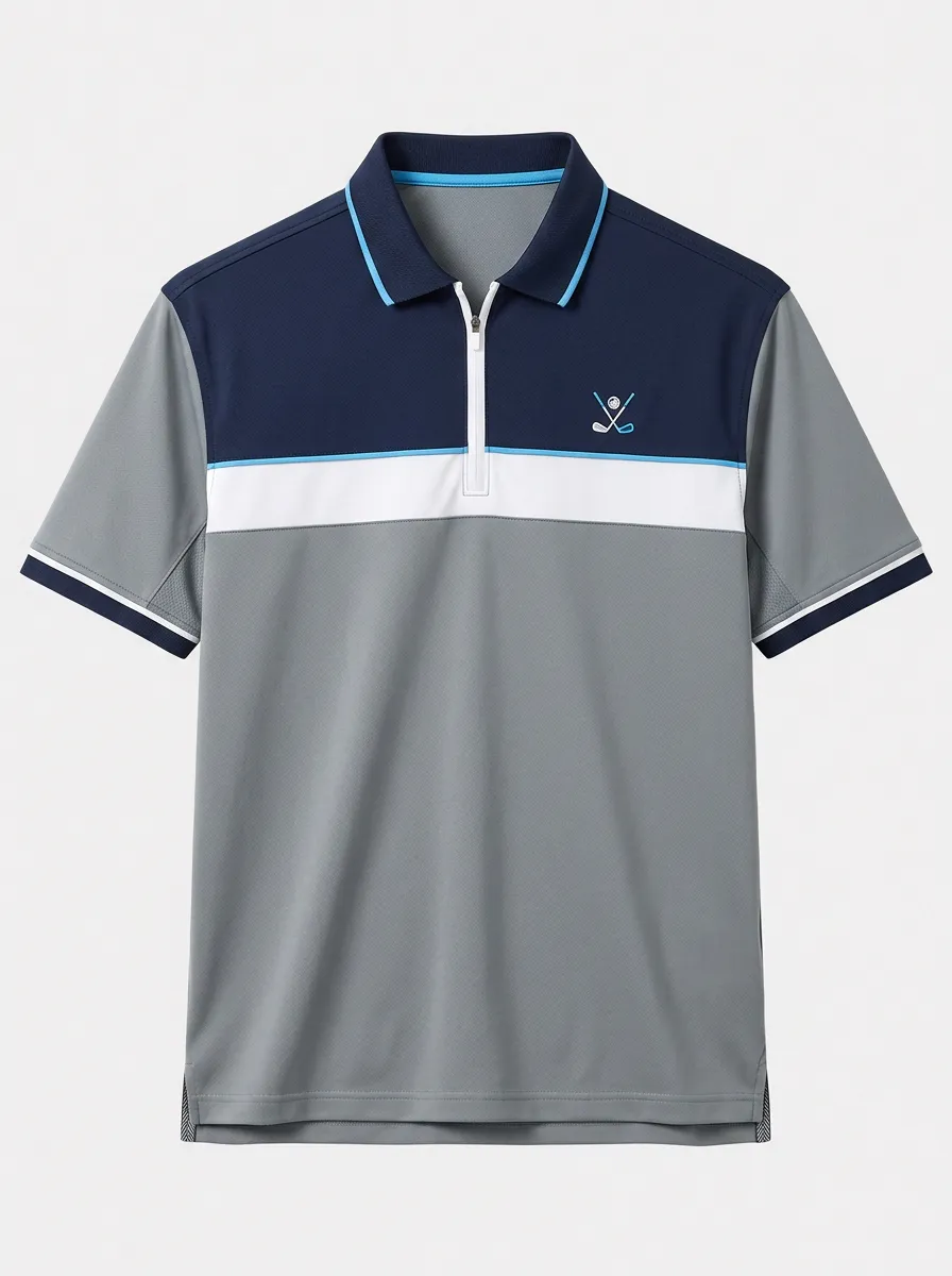 Men's Crossed Clubs Quarter-Zip Colorblock Golf Polo Shirt