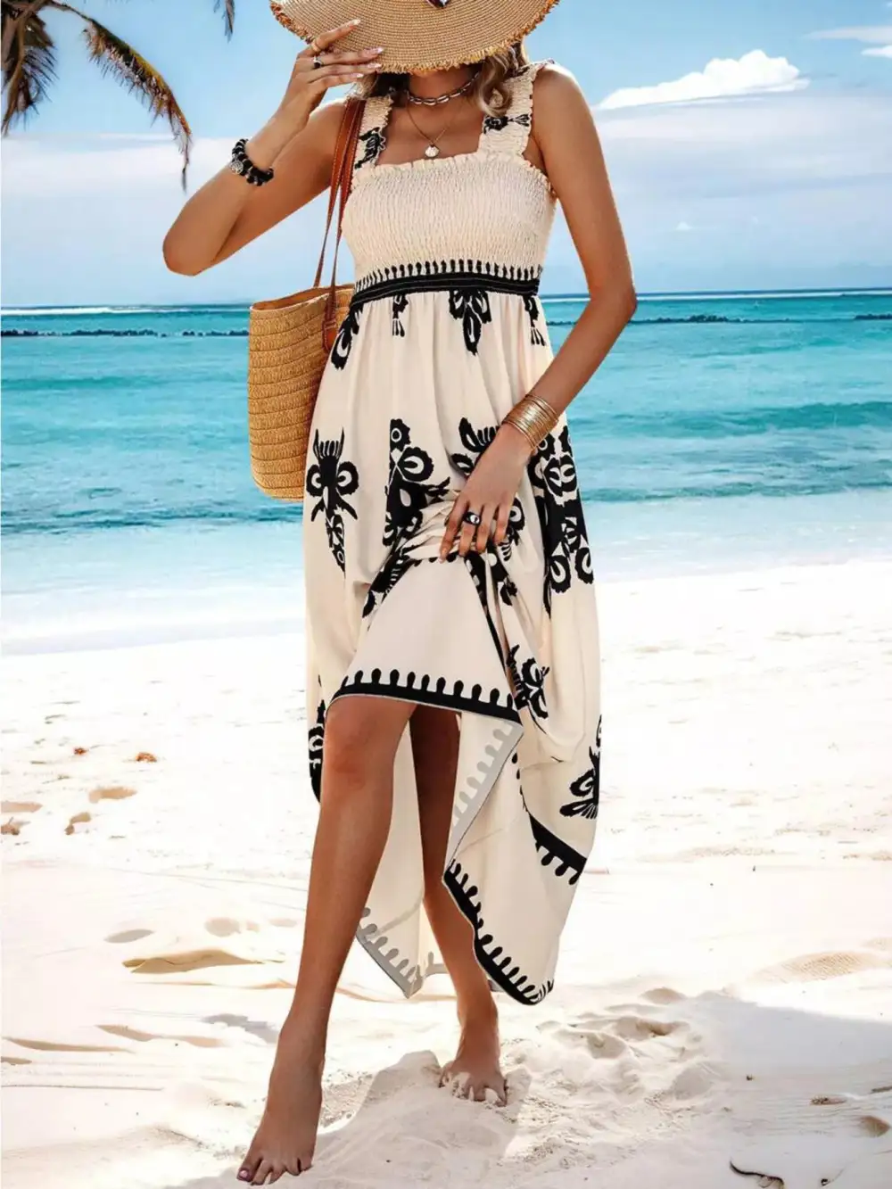 Printed Square Neck Smocked Maxi Dress