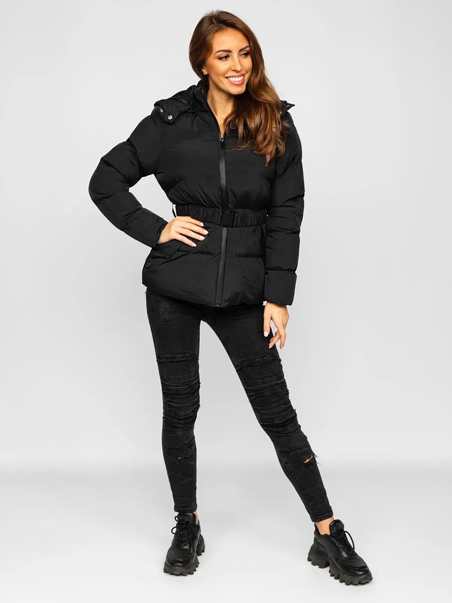 women's black quilted winter jacket with hood