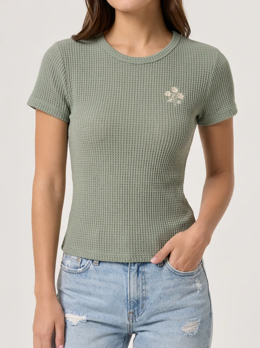 Women's Sage Green Floral Embroidered Waffle Knit Top