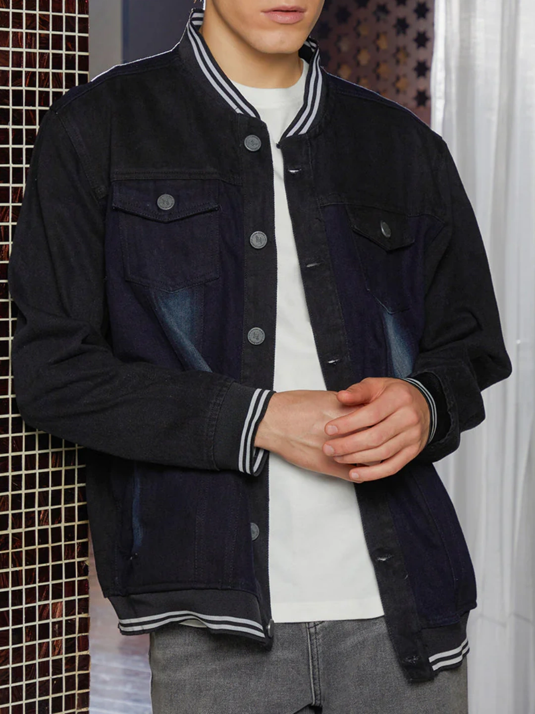 Denim Inspired Varsity Jacket - CLOTHVEX