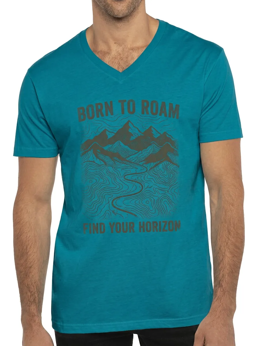 Men's Hiking Adventure Born To Roam Mountain Topographic Printed V-Neck T-Shirt